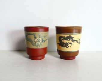 Ceramic tea cups - Japanese vintage - set of 2 - hand painted - Mumyoi studio pottery - WhatsForPudding #3165