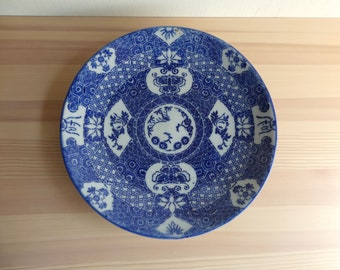 Porcelain plate - Japanese antique - late 1800s - dark blue - transfer ware - butterfly, pomegranate, cherry - WhatsForPudding #3451