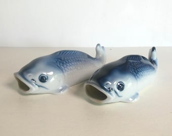 A pair of wall hanging vases - Japanese vintage porcelain - blue koi fish (carp) - ascending carps - WhatsForPudding #3937