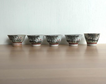 Japanese vintage porcelain sake cups - set of 5 - bamboo and red flowers - Kutani ware - WhatsForPudding #3869