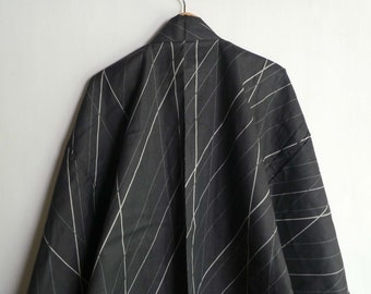 Men's yukata (summer kimono) - Japanese vintage - cotton - dark gray diagonal check - printed - unisex - vintage new - WhatsForPudding #3497