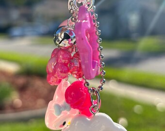 Kawaii Bell Keychain, Beaded Bag Charm, Fun Accessory Rainbow cloud kitty bell