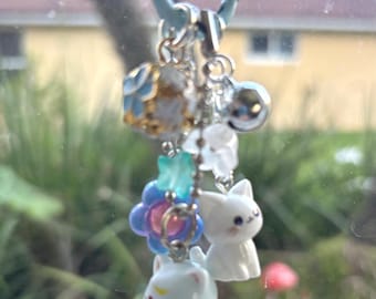 Kawaii Bell Keychain, Beaded Bag Charm, Fun Accessory Rainbow Good Lucky Kitty