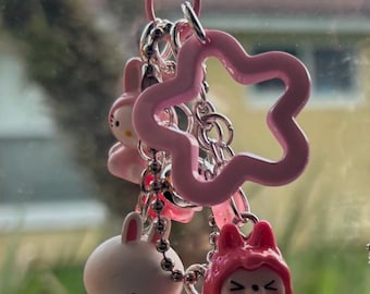 Kawaii Bell Keychain, Beaded Bag Charm, Fun Accessory Rainbow Bear Kitty