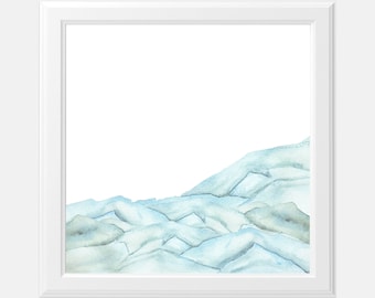 Pode incluir: Uma pintura em aquarela de uma cordilheira em tons de azul e verde. As montanhas são abstratas e parecem ser feitas de camadas de tinta.