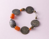 Vintage Orange Boho Beaded Antiqued Brass Egyptian Scarab Beetle Turkish Coin Bracelet