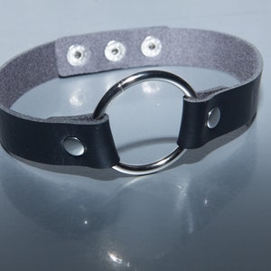 Könnte beinhalten: Ein schwarzes Lederhalsband mit einem silbernen Metallring und Druckknöpfen.