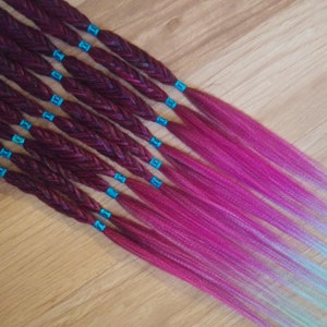 Synthetic Braids - Night Elf - Purple Fuchsia Mint Loop Ended - Boho Fancy Fishtail Beaded Braid Hair Extensions In Stock