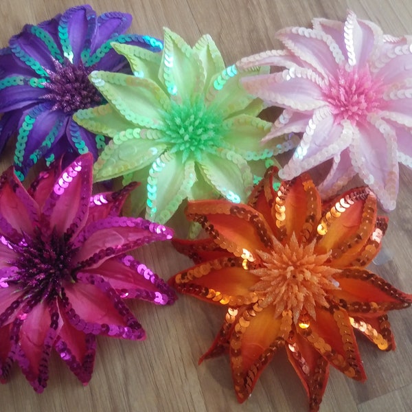 Hair Flower - Large Clip on Glitter Sequin 6" dia. Floral Accessory for Pretty Hairstyle