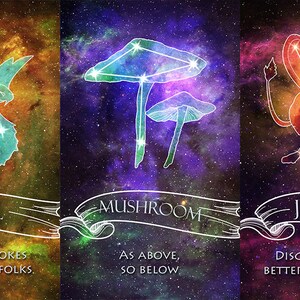 May include: Three colorful illustrations of constellations with names and quotes below. The first constellation is a blue and green coatl, a mythical serpent, with the quote "Different strokes for different folks." The second constellation is a purple and green mushroom with the quote "As above, so below." The third constellation is an orange jerboa, a small desert rodent, with the quote "Discretion is the better part of valor."