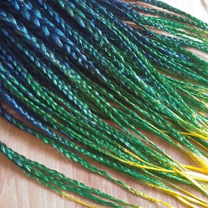 Synthetic Braids - Blue Raspberry - Peacock Green Yellow Double Ended Ombre Box Braid Quarter Set 10 DE Box Braids Long 22"