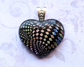 Laser Etched Dichroic Glass, Spiral Pattern - Rainbow Colors on Black Glass - F334-32 // Great for every day or a Gift