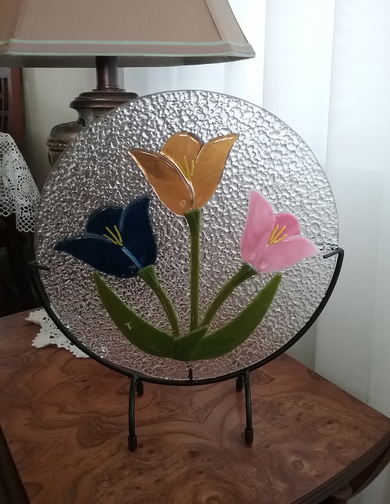 Fused Glass Table Art With Stand SunCatcher Tulips Great Gift
