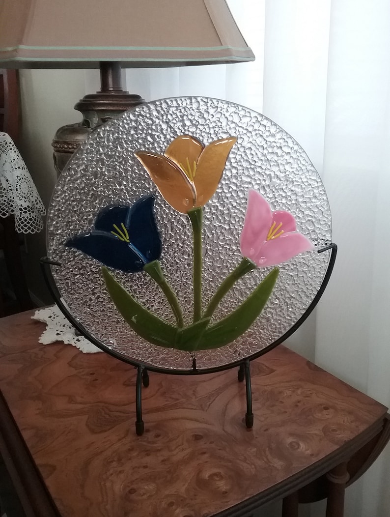 Fused Glass Table Art With Stand SunCatcher Tulips Great Gift