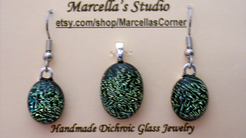 As a Gift Special Occasion Set57-40 Great For Everyday Sparkling Green Dichroic Glass Necklace and Earring Set