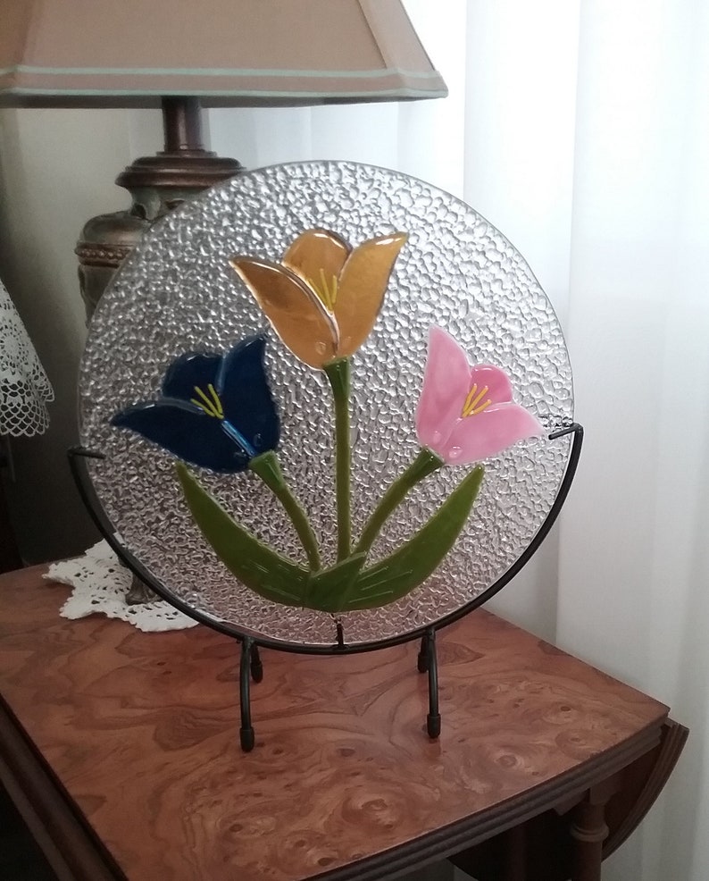 Fused Glass Table Art With Stand SunCatcher Tulips Great Gift