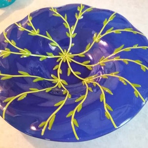 Large Fused ArtGlass Bowl - Round Vine and Leaves - Beautiful Dark Blue Glass with Dimensional Vine and Leaves Decorations