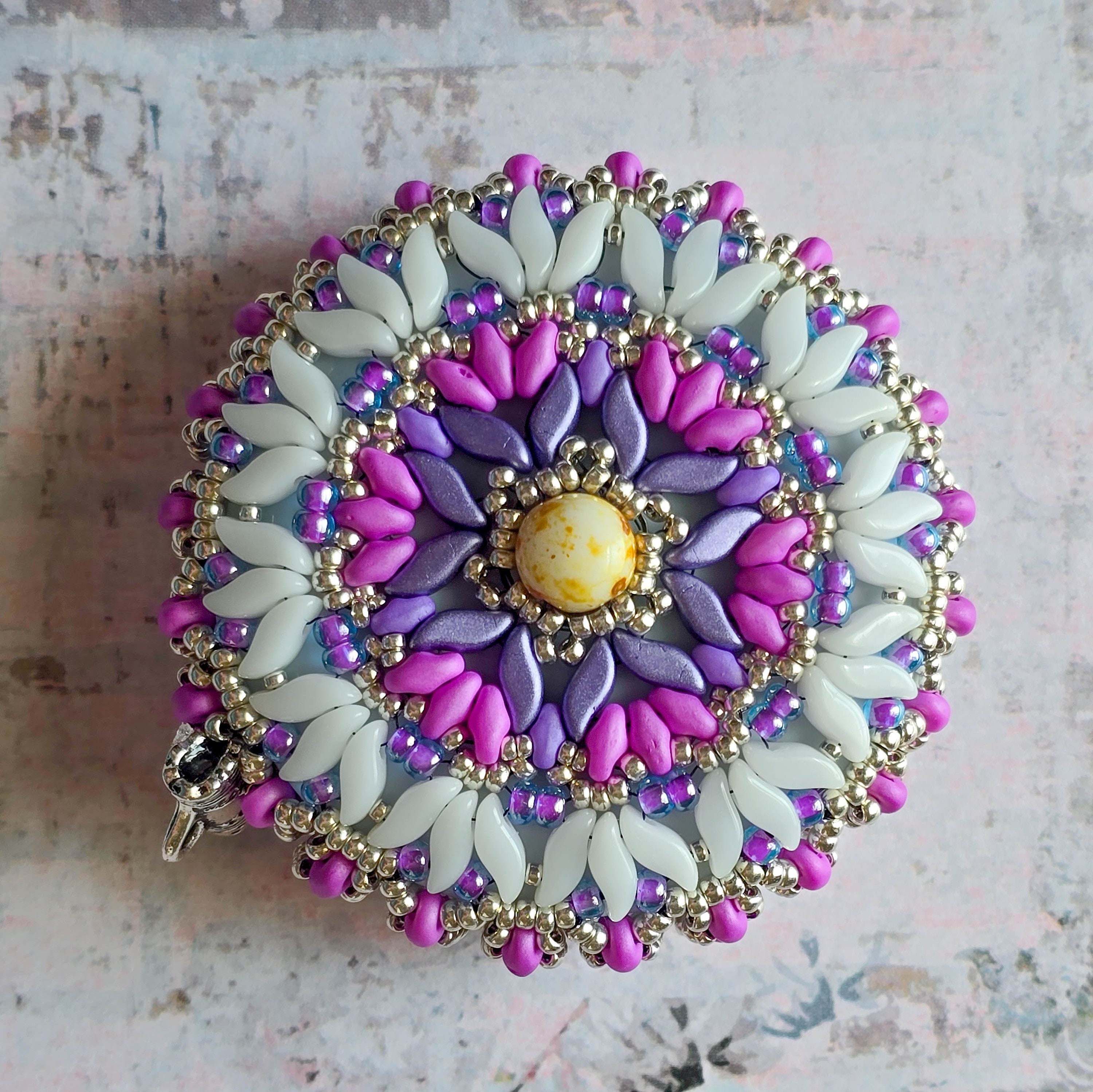 Hand Beaded Retractable 5′ Seamstress Tape Measure // Wonderful Gift // Purple, Hot Pink, White, Silver Wave // Finished Piece