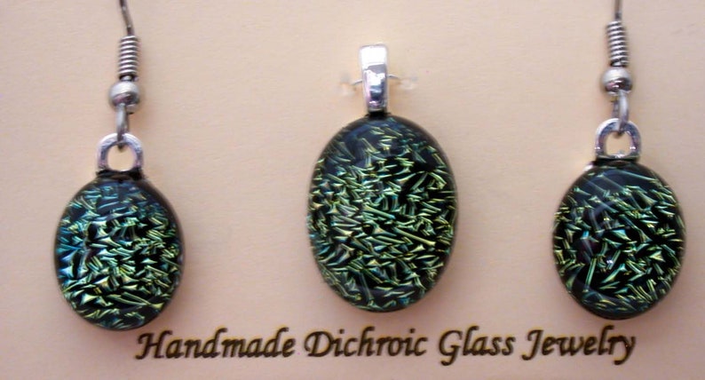 As a Gift Special Occasion Set57-40 Great For Everyday Sparkling Green Dichroic Glass Necklace and Earring Set