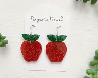Apple Earrings, Acrylic Earrings, Back to School Earrings, Gifts for Teachers, Lightweight Earrings, Red Glitter Earrings, Teacher Earrings