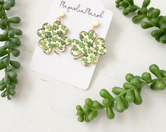 Acrylic Earrings, Gold Stud Earrings, 4 Leaf Clover Earrings, St. Patrick’s Day Earrings, Gold Mirror Dangles, Green Shamrock Earrings