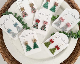 Christmas Tree Earrings, Acrylic Glitter Earrings, Christmas Earrings, Dangle Earrings, Earrings for Christmas Party, Bow Earrings