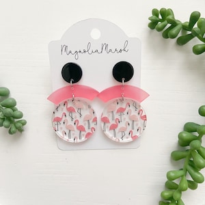 Flamingo Earrings, Acrylic Earrings, Pink And Black Earrings, Gifts for Flamingo Lover, Lightweight Earrings, Summer Earrings, Black Studs