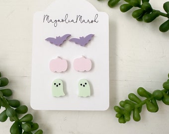 Acrylic Stud Set, Pastel Halloween Earrings for Girls, Pink Pumpkin Studs, Mint Green Studs, Purple Bat Studs, Earring Gift Set