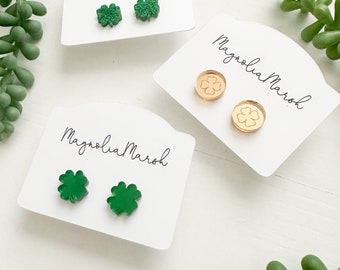 Acrylic Stud Earrings, Shamrock Earrings, St. Patrick’s Day Earrings for Girls, Green Glitter Clover Stud Earrings, Gold Coin Earrings