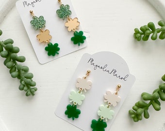 Stacked Shamrock Earrings, St. Patrick’s Day Earrings, Acrylic Green Gold White Earrings, Lightweight Earrings, Spring Earrings