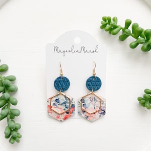 Leather Earrings, Boho Earrings, Geometric Hexagon Earrings, Pink Teal Cork Earrings, Gifts for Wife, Summer Earrings, Mother’s Day Gift
