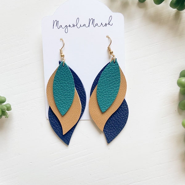 University of North Carolina Wilmington Earrings, Teal Navy Blue and Gold Earrings, Leather Earrings, Seahawks Earrings, UNCW Jewelry