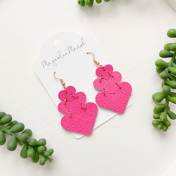 Neon Hot Pink Leather Earrings, Lightweight Earrings, Pink Heart Earrings, Boho Earrings, Gifts for Wife, Valentine’s Day Earrings