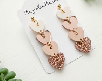 Stacked Heart Earrings, Valentines Day Earrings, Acrylic White, Nude Blush, Rose Gold Earrings, Lightweight Earrings, Gifts for Girlfriend