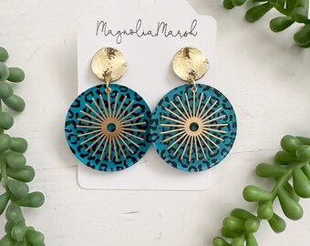 Acrylic Earrings, Statement Earrings, Circle Earrings, Gold Studs, Teal Jaguar Earrings, Boho Summer Earrings, Gold Sunburst Earrings