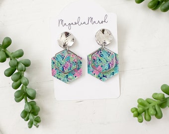 Acrylic Summer Earrings, Boho Earrings, Geometric Hexagon Earrings, Blue Pink Tropical Floral Earrings, Gifts for Teacher, Mother’s Day Gift