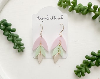 Easter Acrylic Earrings, Acrylic Tiered Leaf Earrings, Light Pink Mint White Earrings, Small Dangle Earrings, Lightweight Earrings for Mom