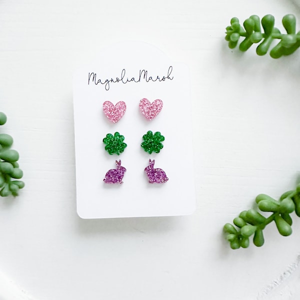 Acrylic Stud Set, Easter Earrings for Girls, Pink Glitter Heart Studs, Glitter Green St. Patrick’s Day Studs, Purple Glitter Bunny Studs