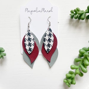 University of Alabama Earrings, Crimson Grey Earrings, Leather Earrings, Bama Game Day Earrings, Roll Tide Earrings, Houndstooth Earrings