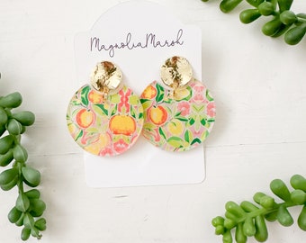 Preppy Acrylic Earrings, Circle Cutout Earrings, Gold Stud Earrings, Tropical Summer Earrings, Lemon Earrings, Pink and Green Fruit Earrings