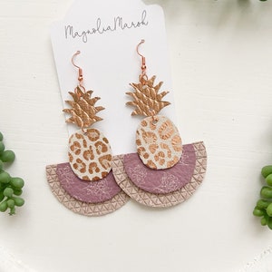 Pineapple Layered Fringe Earrings, Leather Earrings, Rose Gold Leopard Print, Gifts for Her, Women’s Jewelry, Spring Earrings, Boho Earrings