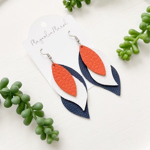 Auburn University Earrings, Orange Navy and White Earrings, Leather Earrings, Auburn Tigers Game Day Earrings, War Eagle Jewelry