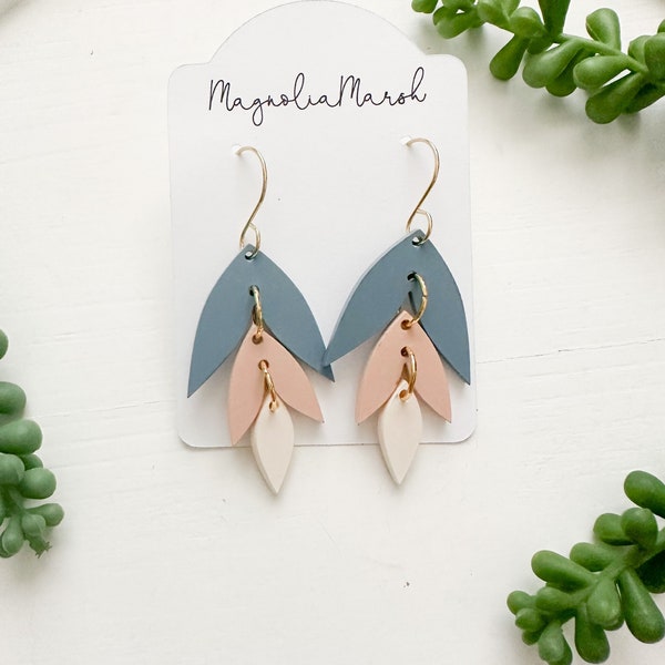 Boho Acrylic Earrings, Acrylic Tiered Leaf Earrings, Slate Blue Light Pink Earrings, Small Dangle Earrings, Gender Reveal Earrings