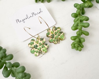 Acrylic Earrings, Dangle Shamrock Earrings, St. Patrick’s Day Earrings, Gold Mirror Earrings, Gold Hoop Earrings, Green Clover Earrings
