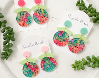 Bright Tropical Earrings, Acrylic Earrings, Hibiscus Earrings, Earrings for Vacation, Lightweight Earrings, Summer Earrings, Teacher Gifts