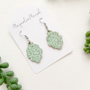 St. Patrick’s Day Earrings, Leather Earrings, Cork Earrings, Green Leopard Print Scalloped Earrings, Small Dangle Earring, Women’s Jewelry