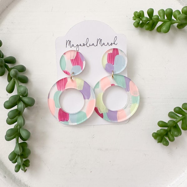 Acrylic Earrings, Aqua Blue Pink Yellow Purple Summer Earrings, Circle Hoop Earrings, Hand Painted Earrings, Neon Brushstroke Earrings