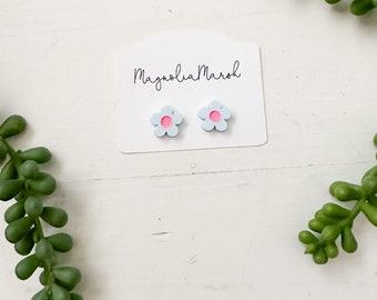 Flower Stud Earrings, Flower Earrings, Powder Blue Hot Pink Earrings, Small Earrings for Girls, Spring Earrings, Gift for Mothers Day