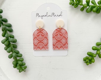 Terracotta Acrylic Earrings, Boho Summer Earrings, Fall Earrings, Gifts for Teacher, White Stud Earrings, Lightweight Dangle Earrings