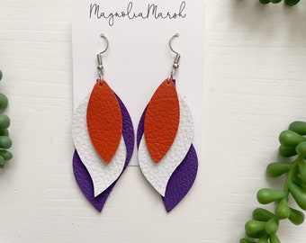 Clemson Earrings, Orange and Purple Earrings, Leather Earrings, Clemson Gameday Earrings, Clemson Jewelry, Clemson Accessories, Clemson Gift